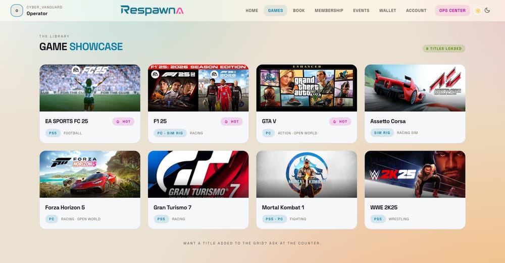 The game library in the member portal: GTA V, EA Sports FC 25, Mortal Kombat 1, WWE 2K25, F1 25, Assetto Corsa, Forza Horizon 5 and Gran Turismo 7, each with cover art, platform and genre.