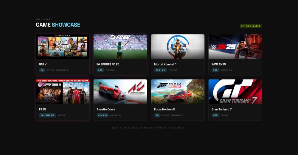 The game library in the member portal: GTA V, EA Sports FC 25, Mortal Kombat 1, WWE 2K25, F1 25, Assetto Corsa, Forza Horizon 5 and Gran Turismo 7, each with cover art, platform and genre.
