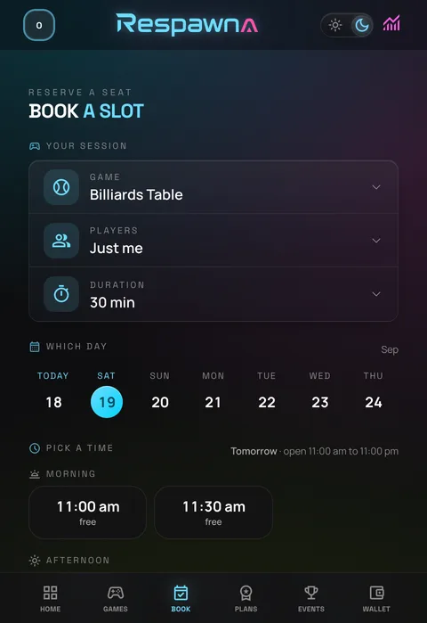 The booking screen in the member app: Billiards Table for one player for 30 minutes, Saturday 19 chosen on the week strip, and a grid of free half-hour slots from 11:00 am.