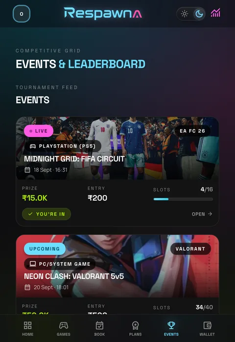 The events screen on a phone: a live FIFA circuit on PS5 with a 15,000 rupee prize and 4 of 16 slots taken, and an upcoming Valorant 5v5.