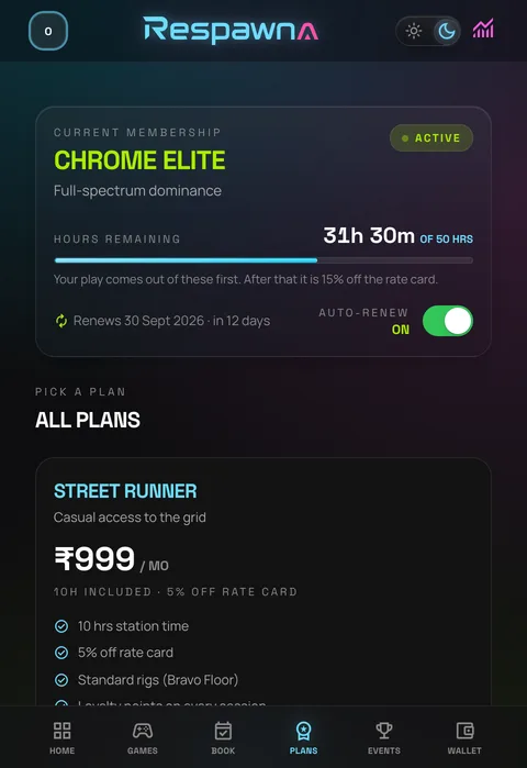 The membership screen on a phone: Chrome Elite active with 31 hours 30 minutes of 50 remaining, renewing 30 September, and the plan list below.