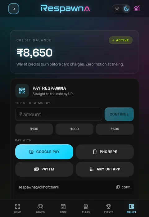 The wallet on a phone: an 8,650 rupee balance and a UPI top-up panel with amount buttons and Google Pay, PhonePe and Paytm.
