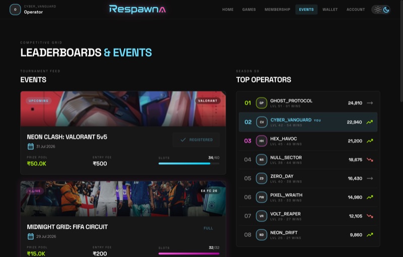 Events screen in the member portal listing tournaments with prize pools and registration counts.