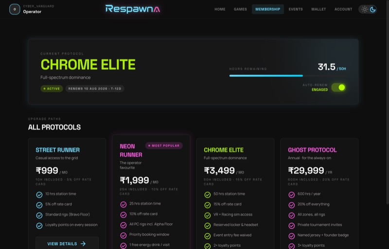 Membership screen showing the current plan, banked hours remaining and renewal date.