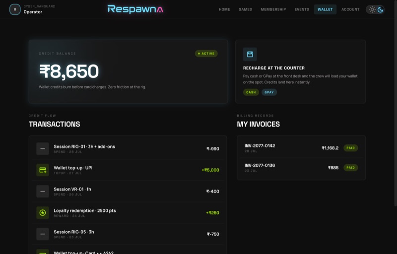 Wallet screen showing balance and a list of top-ups and session charges.