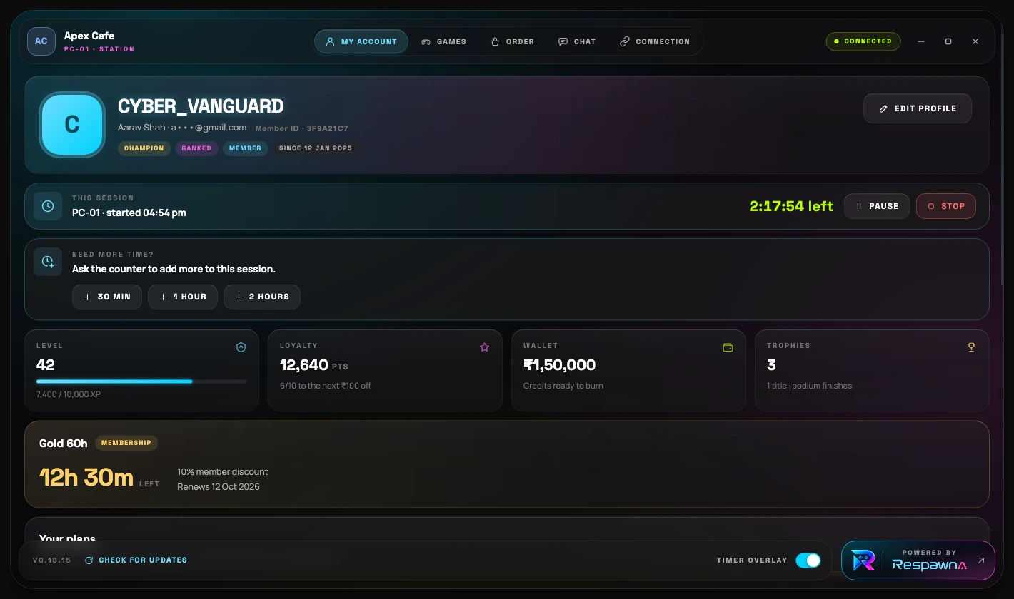 The agent's My account tab showing a member profile, a live session countdown with Pause and Stop, the Need more time card, and tiles for level, loyalty, wallet and trophies