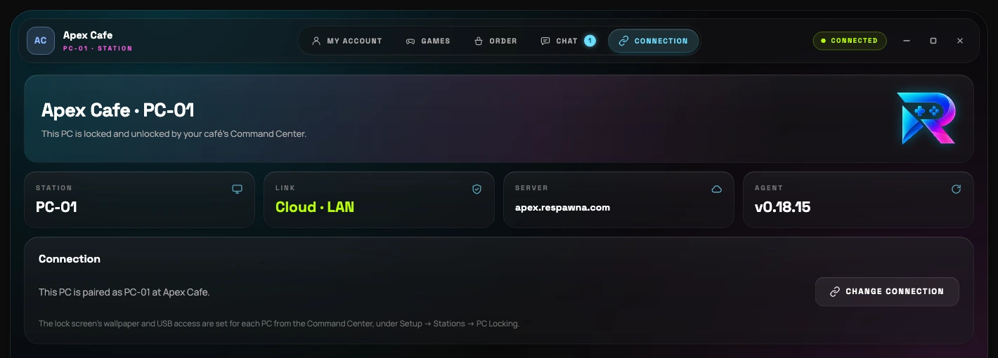 The agent's Connection tab showing the station name PC-01, a Cloud and LAN link, the café's server address and the agent version