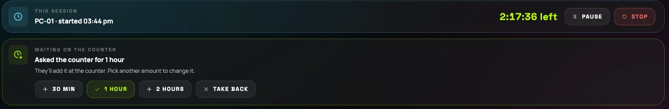 The Need more time card on the agent's My account tab reading Asked the counter for 1 hour, with buttons for 30 min, 1 hour, 2 hours and Take back, under the session's live countdown