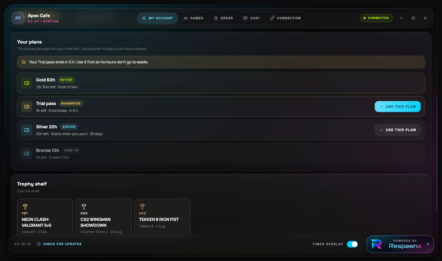 The agent's Your plans list showing Gold 60h active, a Trial pass suggested, Silver 20h queued and Bronze 10h used up, with Use this plan buttons
