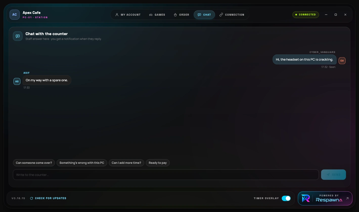 The agent's Chat tab with quick replies for coming over, a problem with the PC, more time and paying