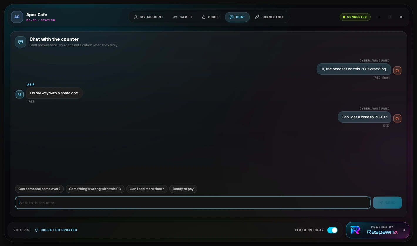 The agent's Chat tab showing the café staff replying to the player's message