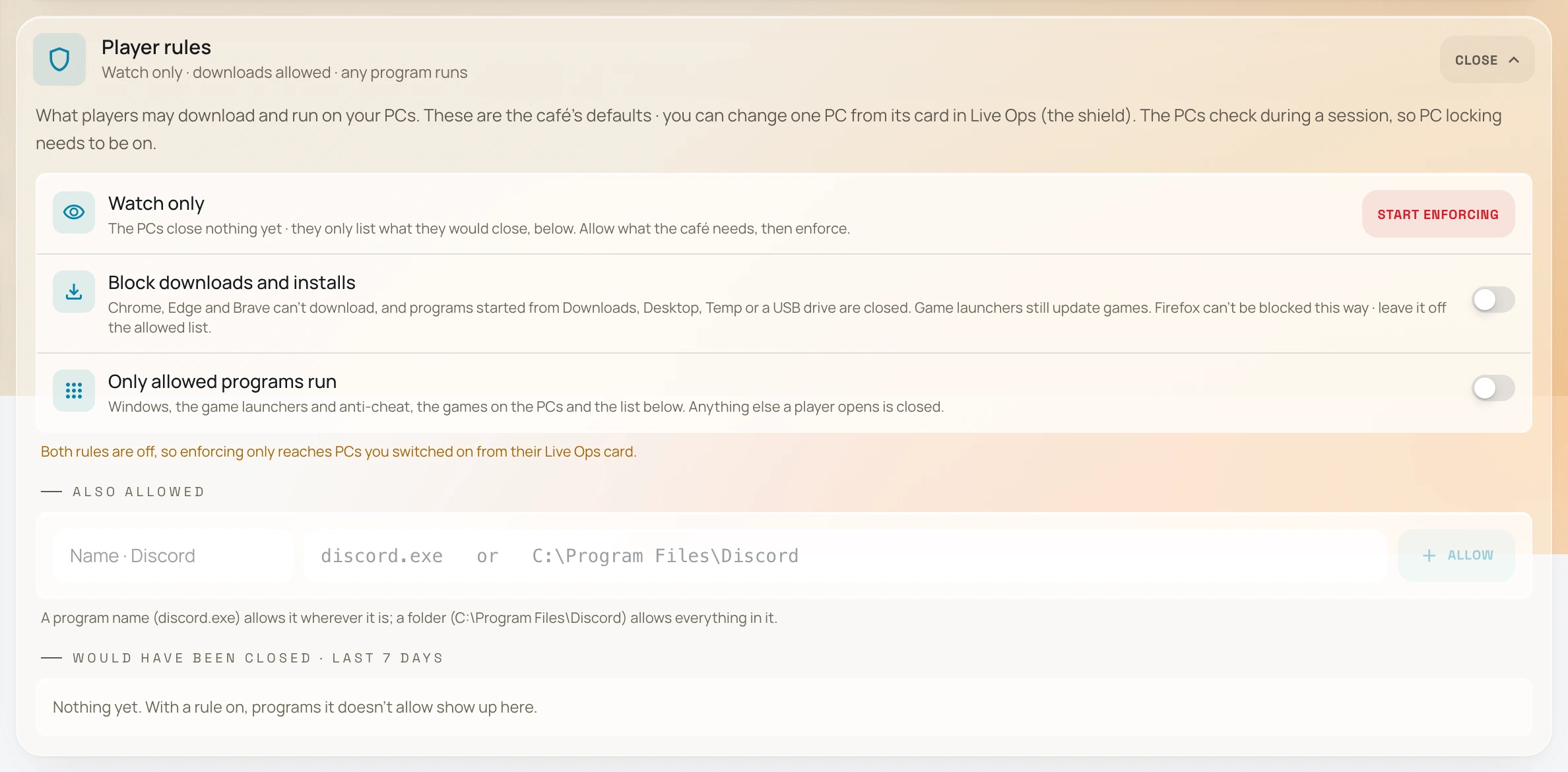 The Command Center's Player rules fold: Watch only with a Start enforcing button, switches for Block downloads and installs and Only allowed programs run, an Also allowed list for adding a program, and a Would have been closed list for the last 7 days