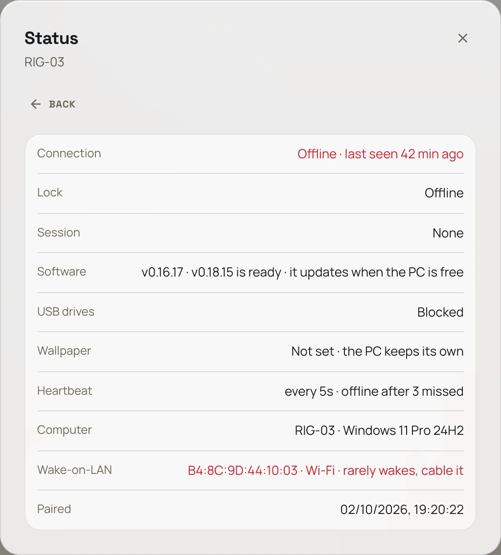 A rig's status sheet in the Command Center: connection offline, the software version with an update ready, USB drives blocked, wallpaper, heartbeat, and a Wake-on-LAN row reading the MAC address, Wi-Fi, rarely wakes, cable it, in red