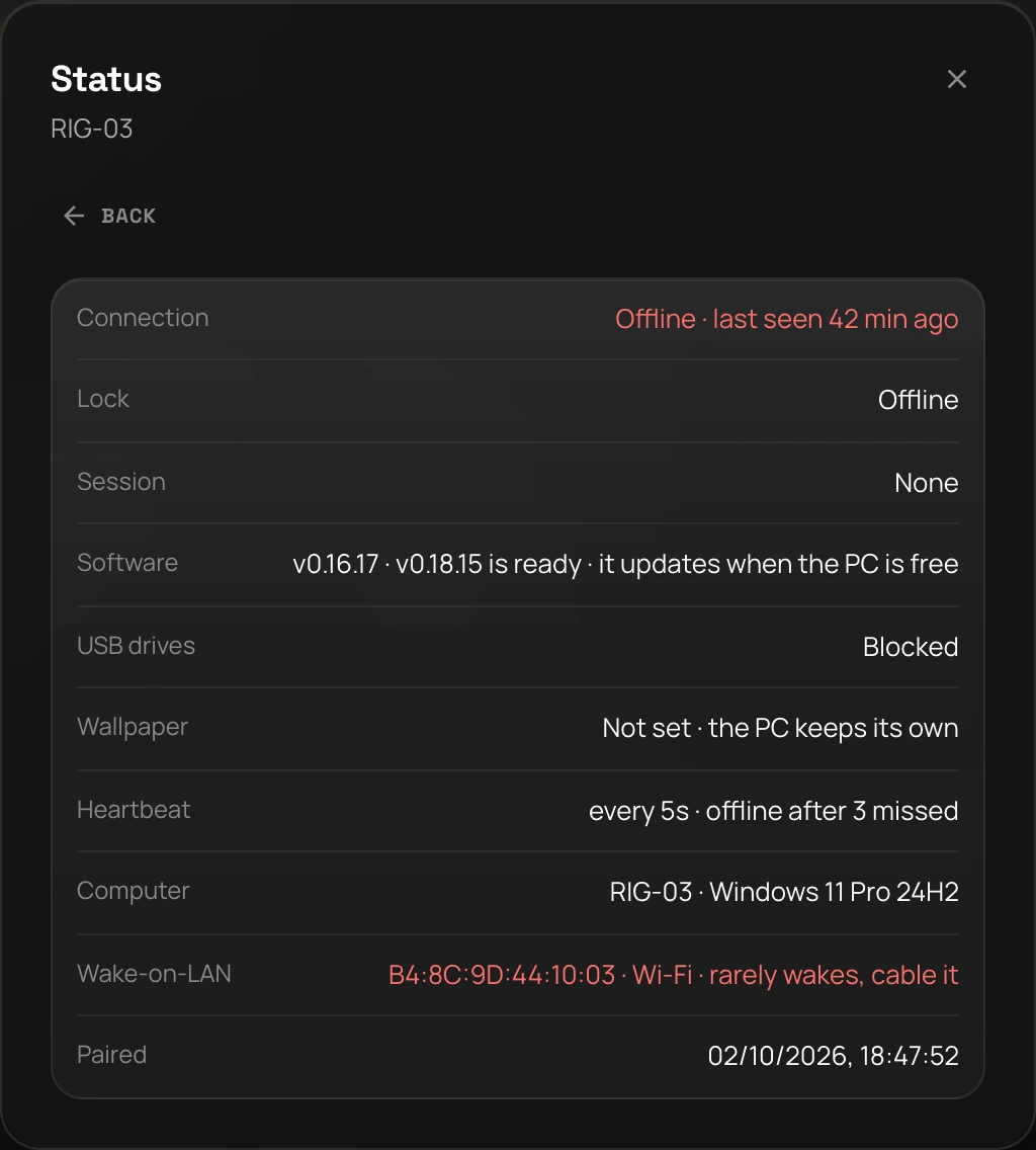 A rig's status sheet in the Command Center: connection offline, the software version with an update ready, USB drives blocked, wallpaper, heartbeat, and a Wake-on-LAN row reading the MAC address, Wi-Fi, rarely wakes, cable it, in red