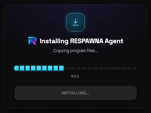 The Respawna agent's install window showing progress while it copies program files and pairs with the café