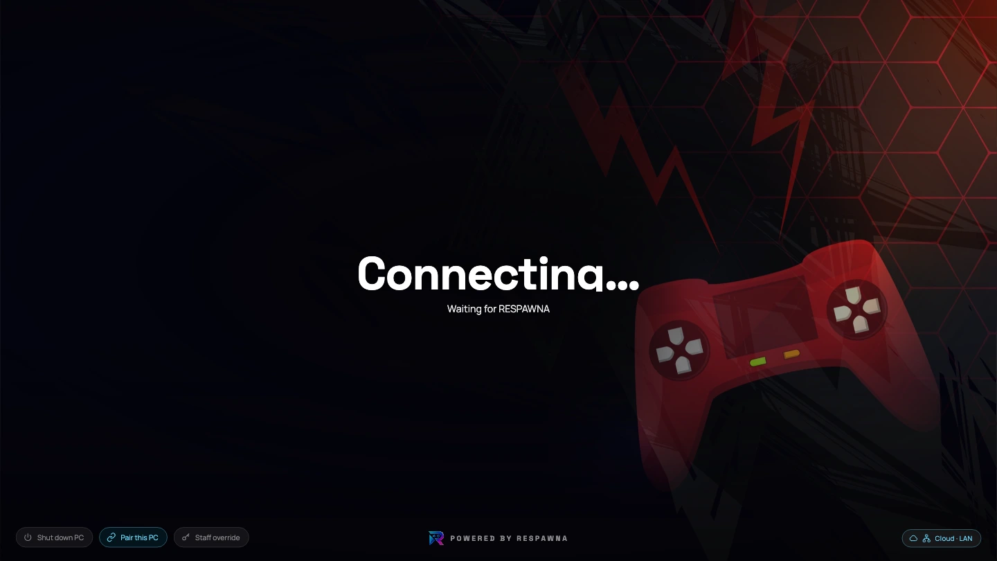 A gaming PC's screen locked on the agent's Connecting screen, waiting for Respawna, with Cloud and LAN shown in the corner