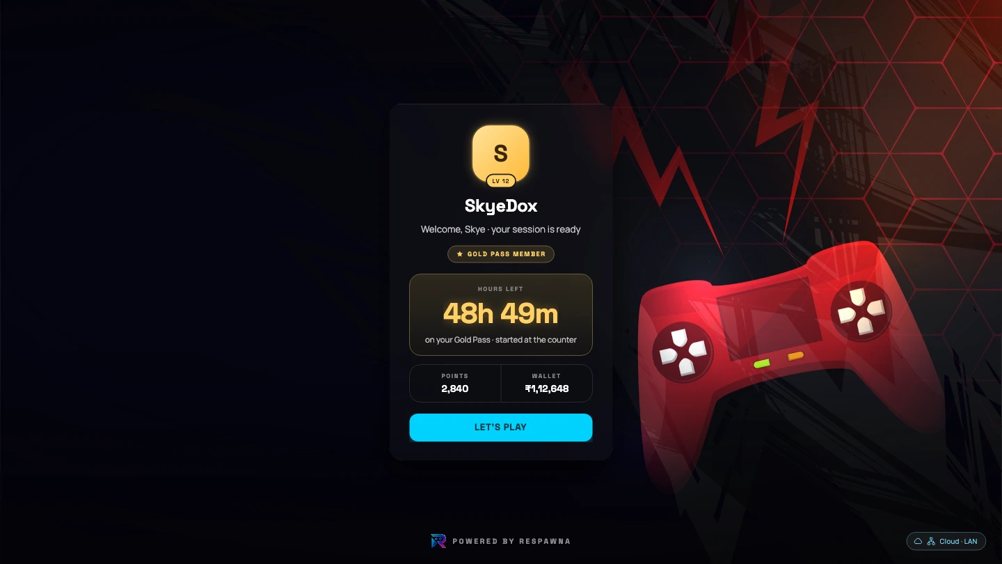 The welcome card naming the player, their plan and hours left