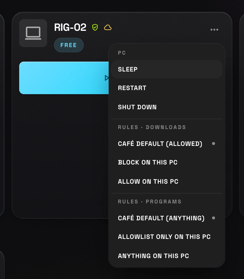 A station card in the Command Center's Live Ops with its menu open, showing Sleep, Restart and Shut down under a PC heading and the download and program rules beneath