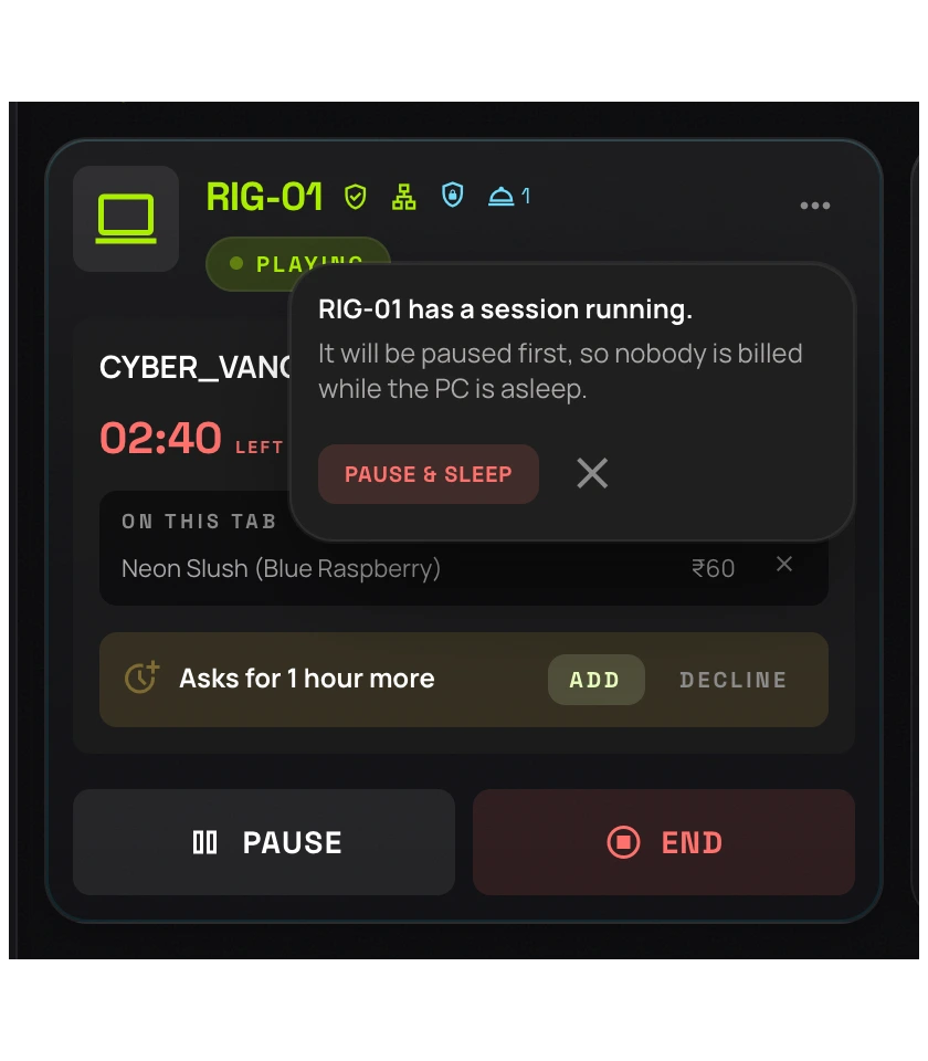 The Live Ops confirm reading RIG-01 has a session running, it will be paused first so nobody is billed while the PC is asleep, with a Pause & sleep button