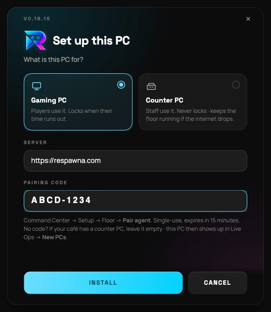 The Respawna agent's setup window asking what the PC is for, with Gaming PC and Counter PC options, a server address and a pairing code field