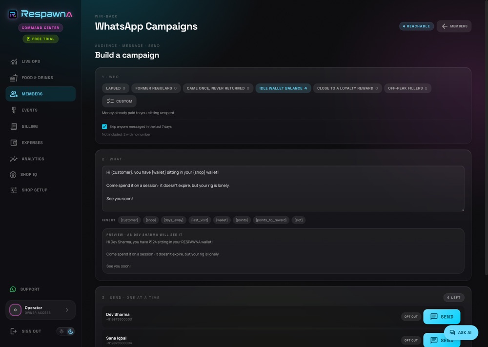 WhatsApp campaigns screen: audience segments, a message template with placeholders, and a send queue.
