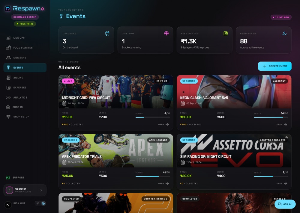 Events screen with tournament cards showing prize pools, entry fees and registration counts.