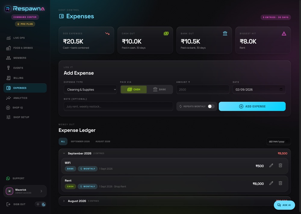 Expenses screen with 30-day totals, a cash and bank split, and a ledger of recurring costs.