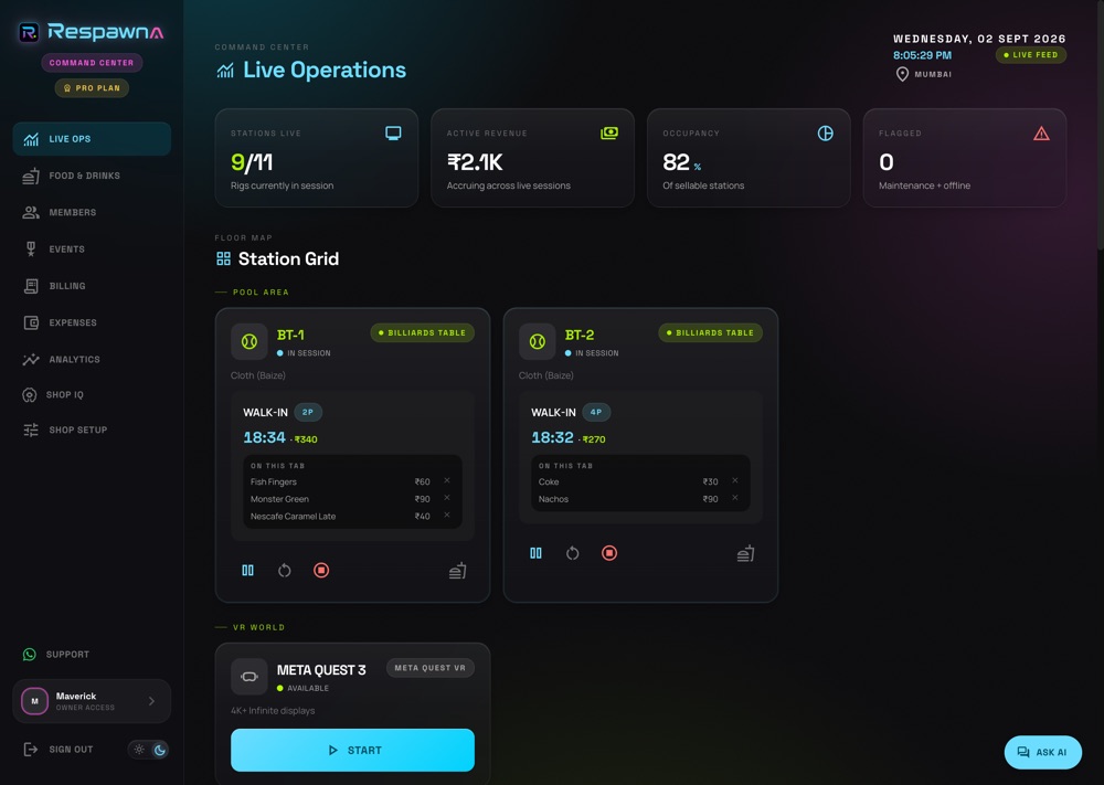 RESPAWNA Live Operations: station grid with live session timers, running cost per rig, and occupancy and revenue tiles.