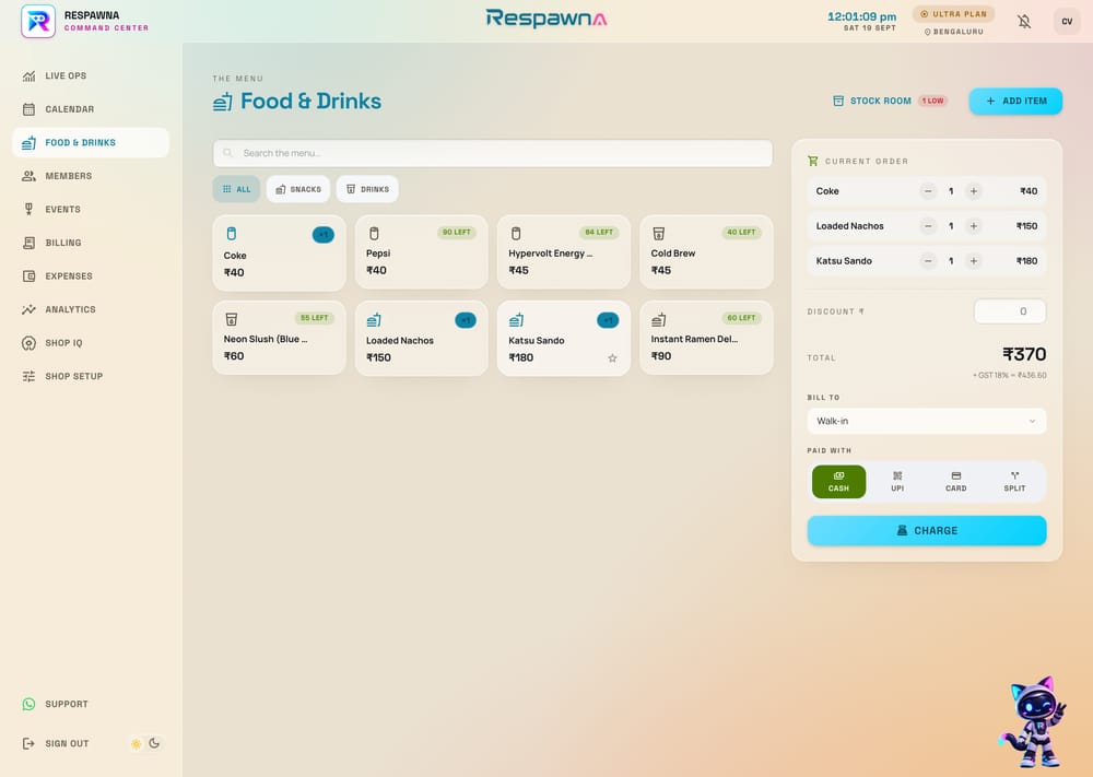 The console's Food and Drinks screen: the menu as a grid of products with prices and stock counts, beside an open order waiting to be charged.