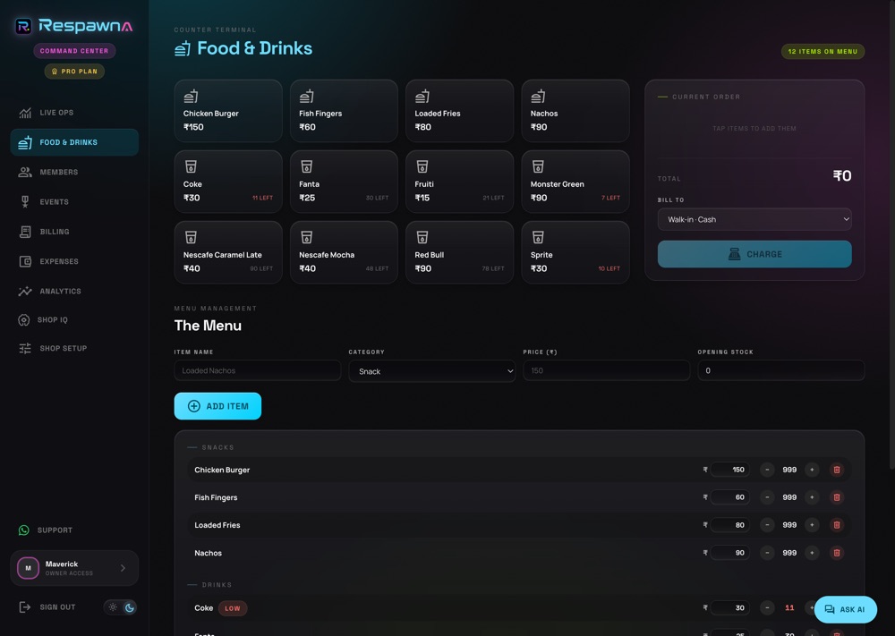 Food and drinks point-of-sale screen with products and stock levels.