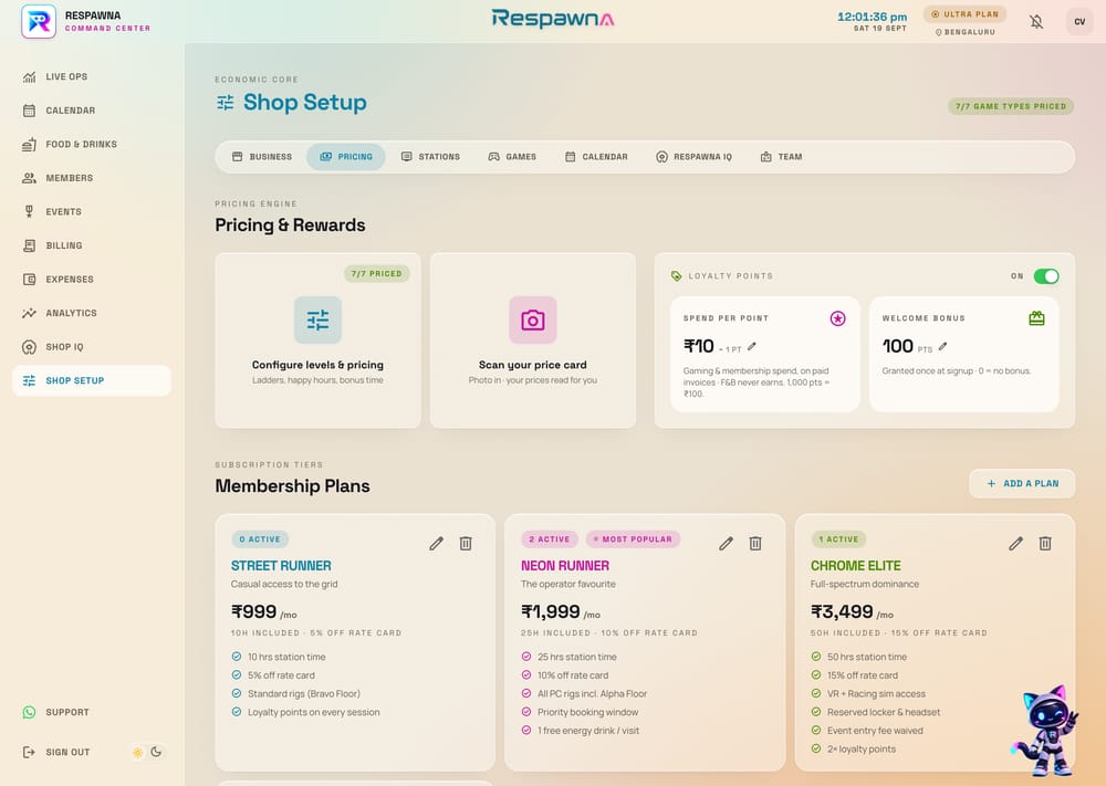 Shop Setup on its pricing tab: a rate card reading six of six game types priced, loyalty at ten rupees a point with a five hundred point welcome bonus, and three membership tiers side by side with their monthly price, included hours and discount off the rate card.