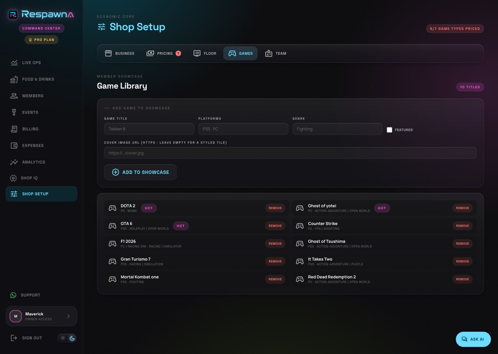Shop Setup · the game library tab, with the café's titles and the tabs for business, pricing, floor and team.